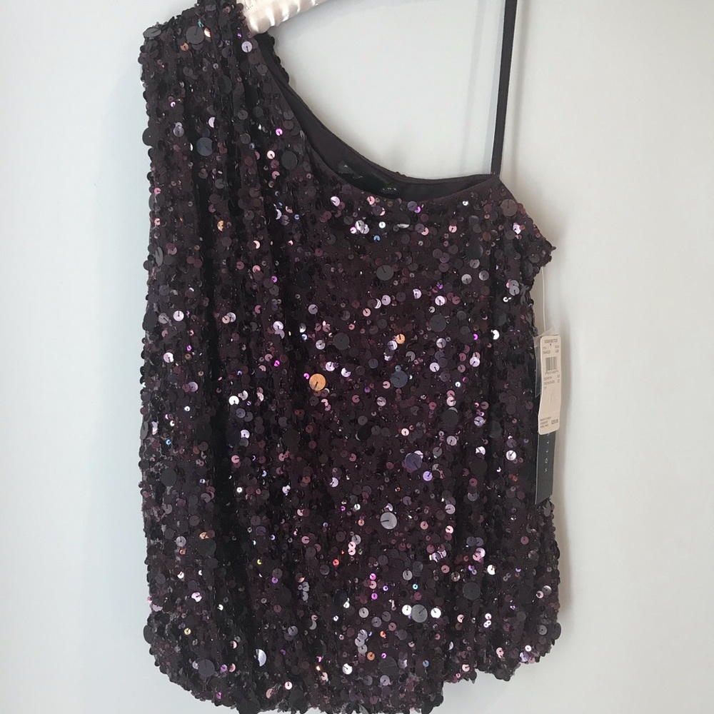 Aidan Mattox Sequin One Shoulder Top Deep Plum XS